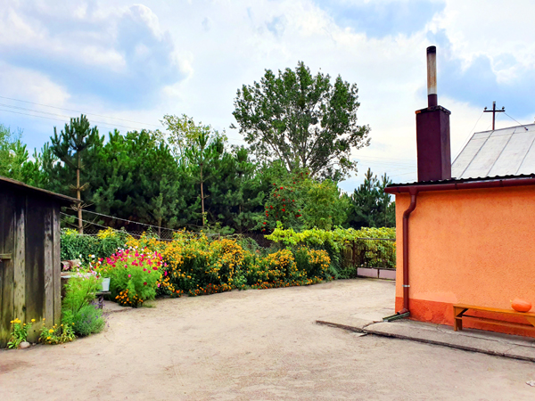 Fotografia domu wiejskiego z kwiatami na podwórku autorstwa Ani Wilanowskiej