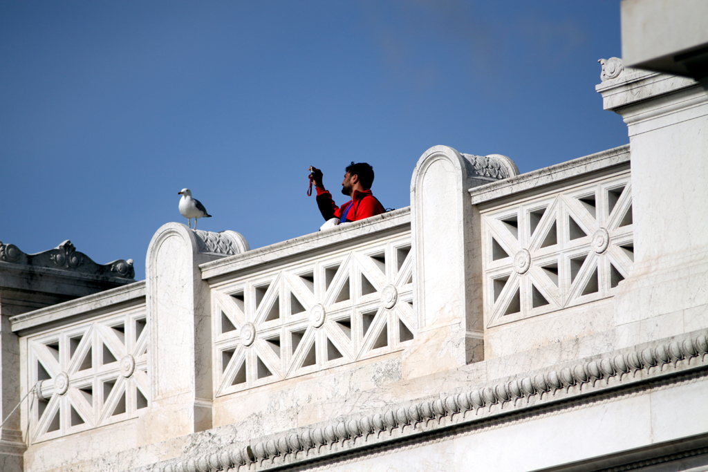 Fotografia mężczyzny robiącego zdjęcie gołębia wykonana w Rzymie autorstwa Ani Wilanowskiej. 